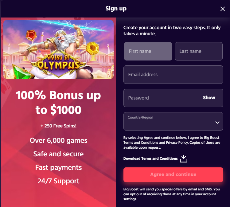 Big Boost Casino sign up